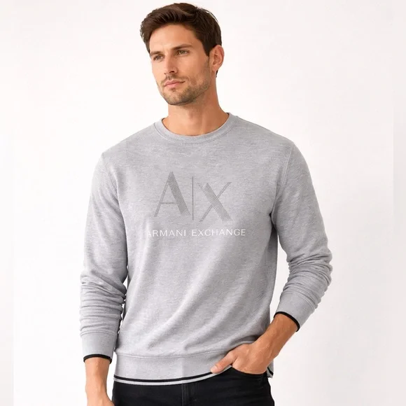 Armani Exchange A|X Gray Logo Sweatshirt L – Minimal Designer Pullover Crewneck - Picture 1 of 10